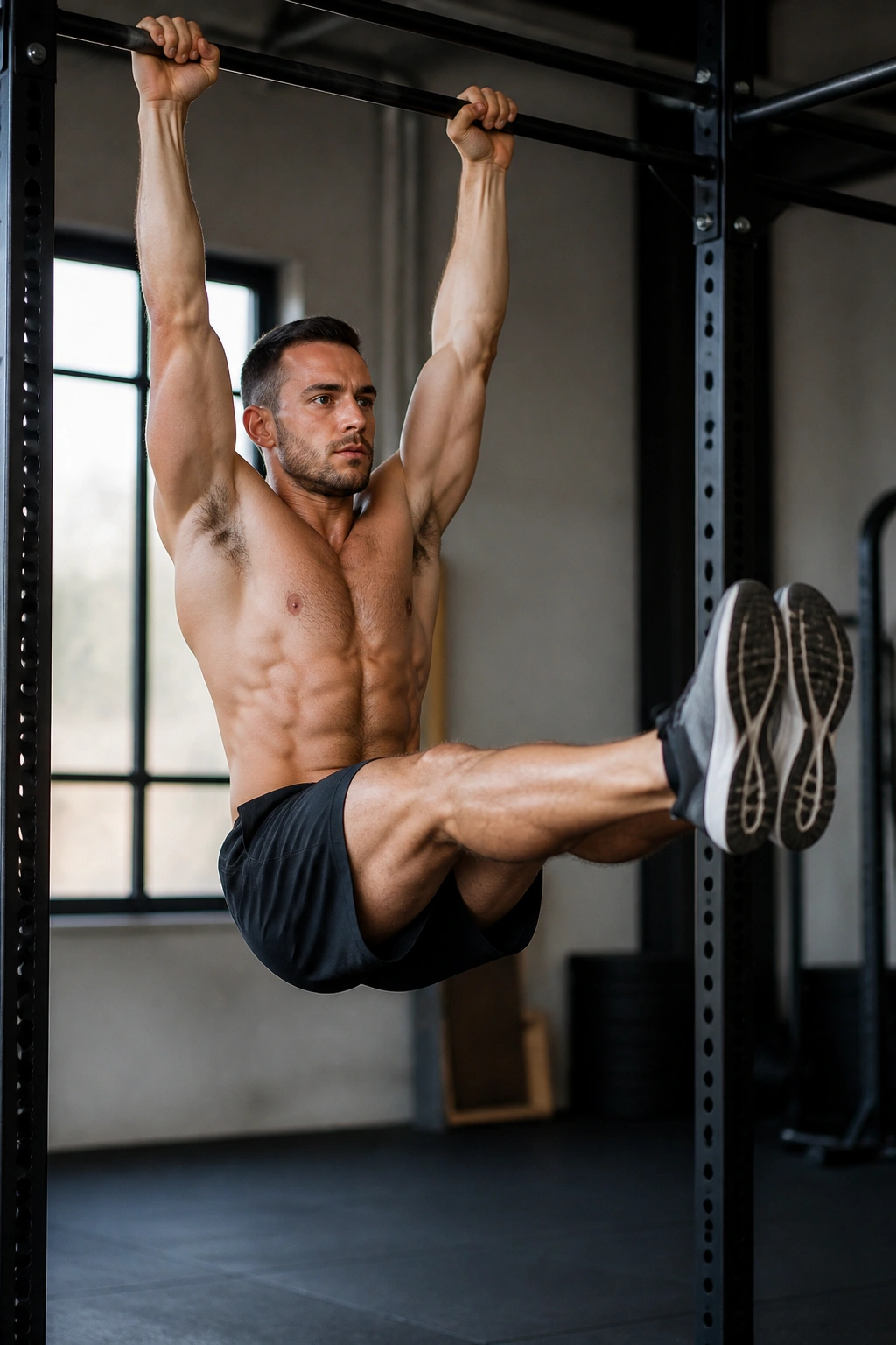 Person performing hanging leg raises with legs raised