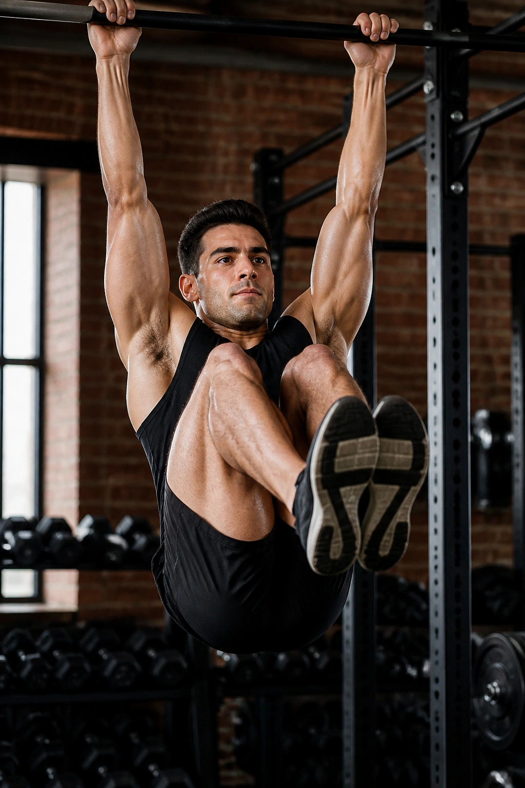 Close-up of a person performing hanging leg raises on a pull-up bar, showing pelvic curl and lower abs engagement