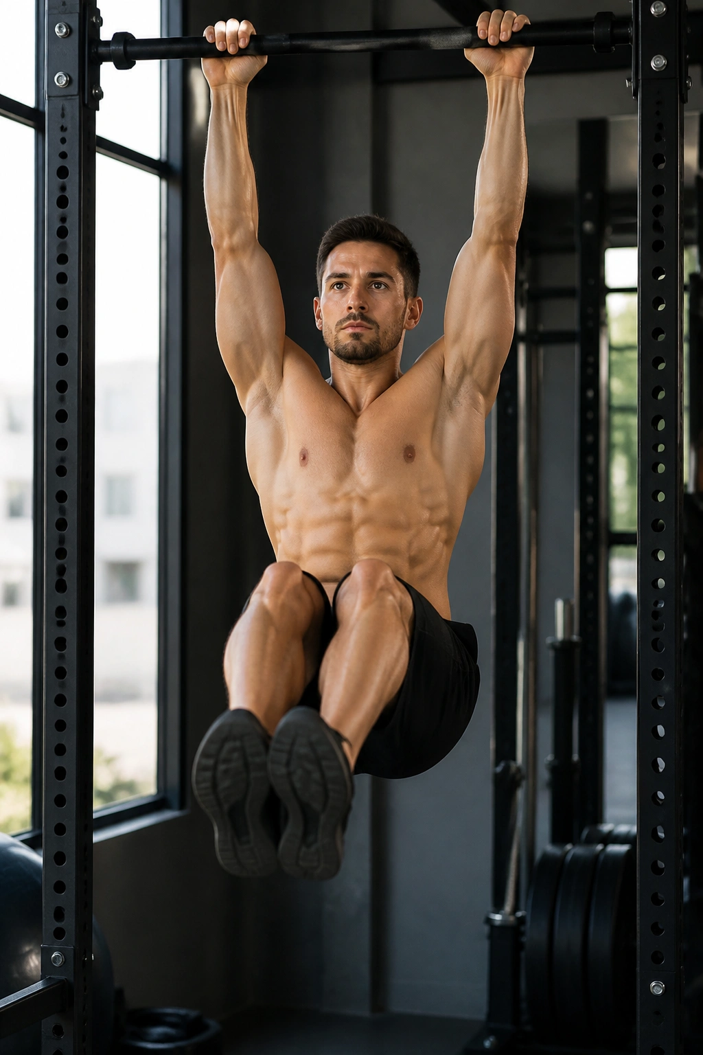 Person performing hanging leg raises on a pull-up bar with legs raised and core engaged