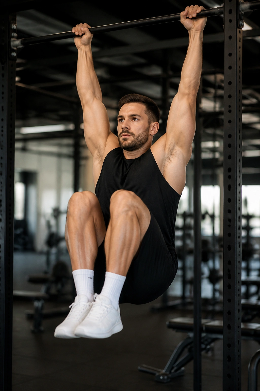 Real person performing hanging leg raises on a pull-up bar
