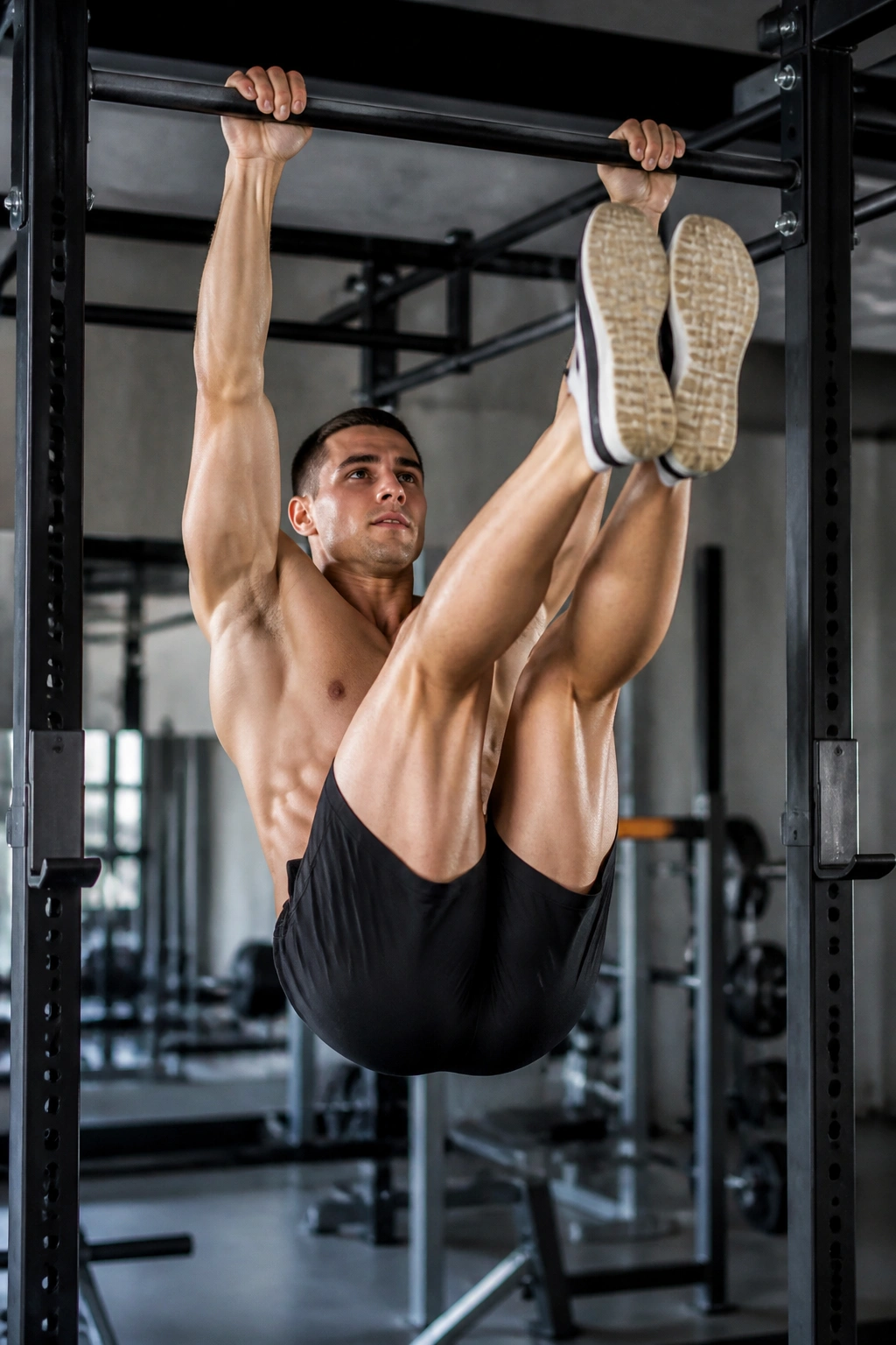 Person hanging from a pull-up bar lifting legs toward the bar