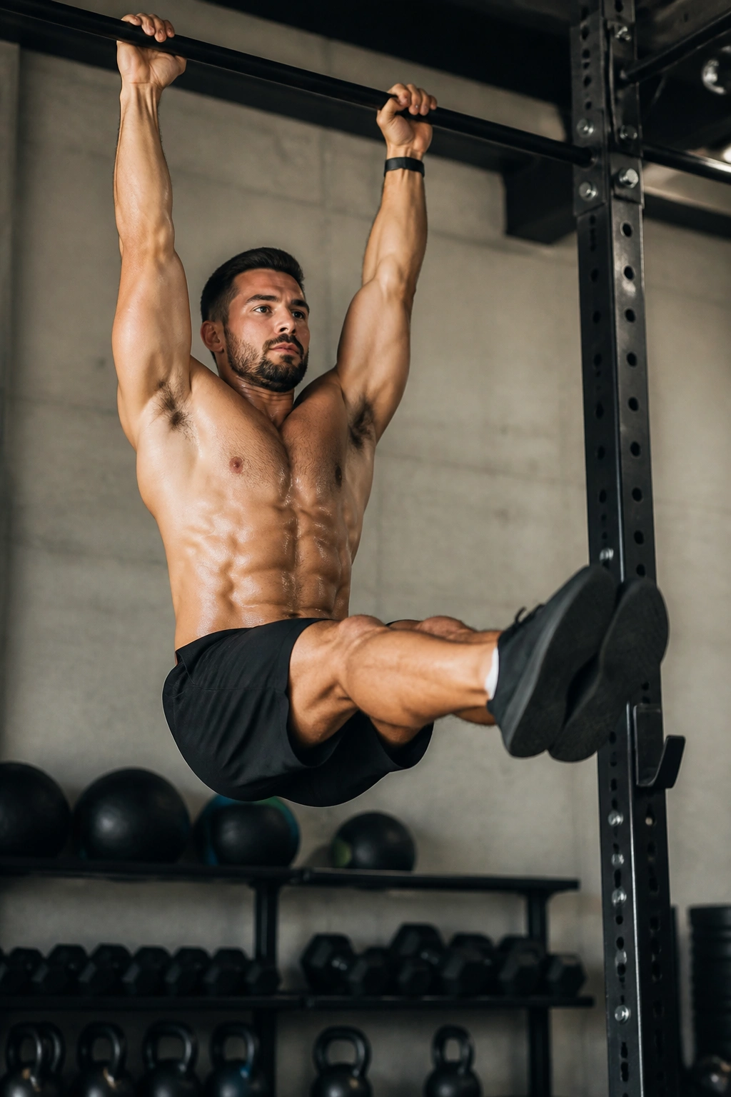 Real person performing Hanging Straight-Leg Raise with controlled leg lift