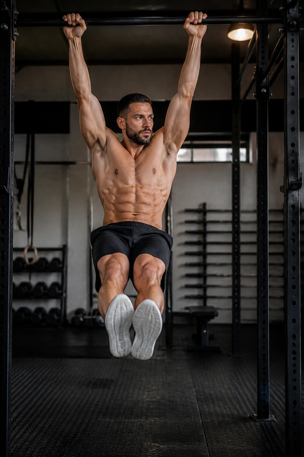 Athlete hanging from a bar performing windshield wipers with controlled torso rotation