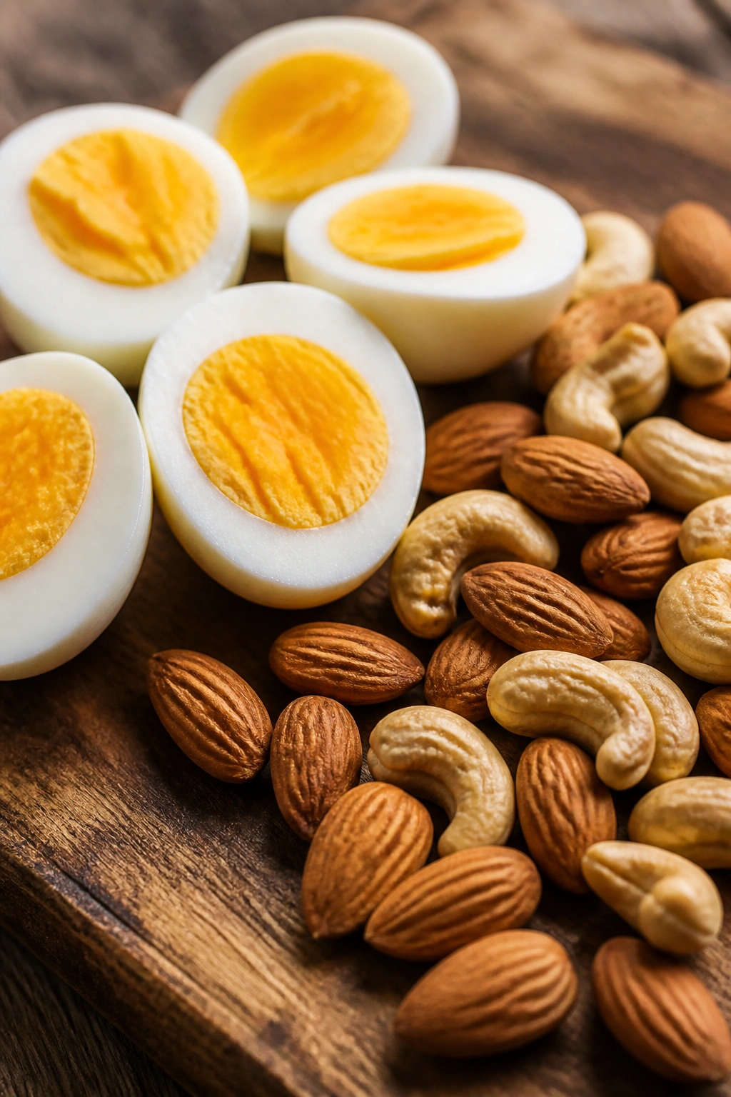 Close-up of hard-boiled eggs and mixed nuts on a wooden board