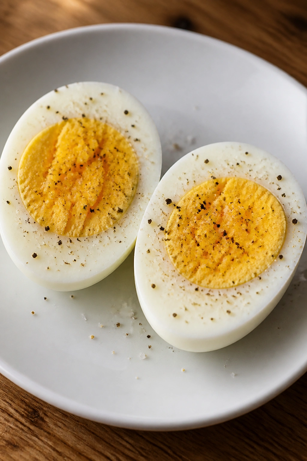 Two peeled hard-boiled eggs on a plate, protein-packed snack