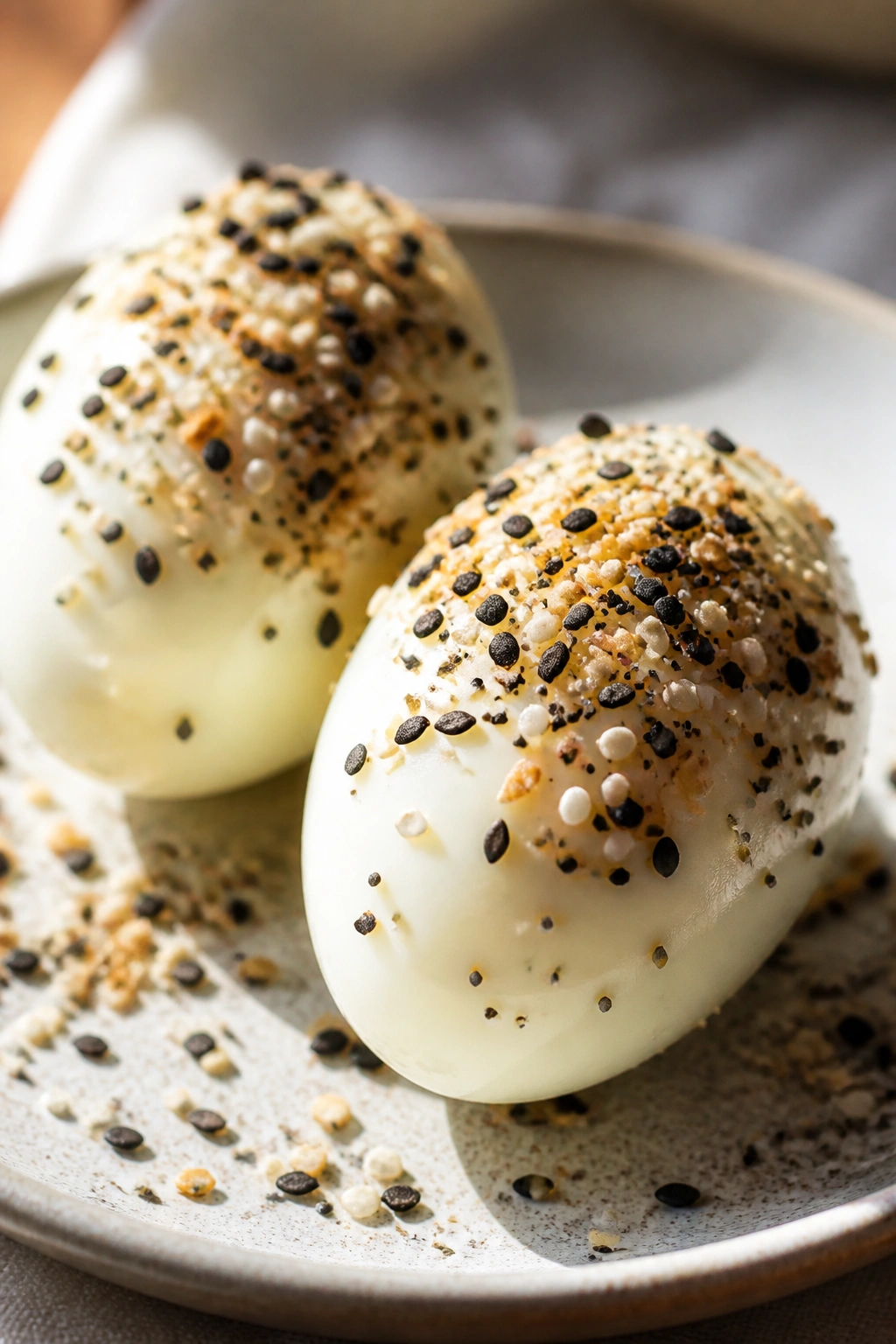 Close-up of hard-boiled eggs with everything bagel seasoning