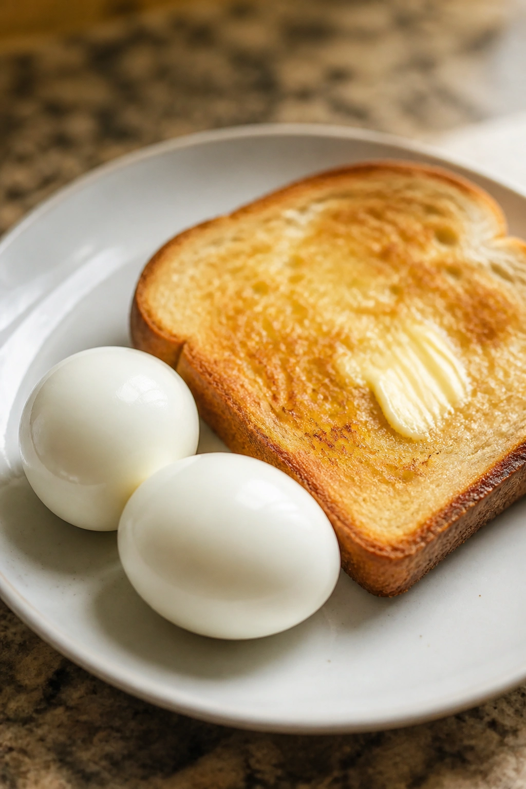Two peeled hard-boiled eggs with toast on a plate