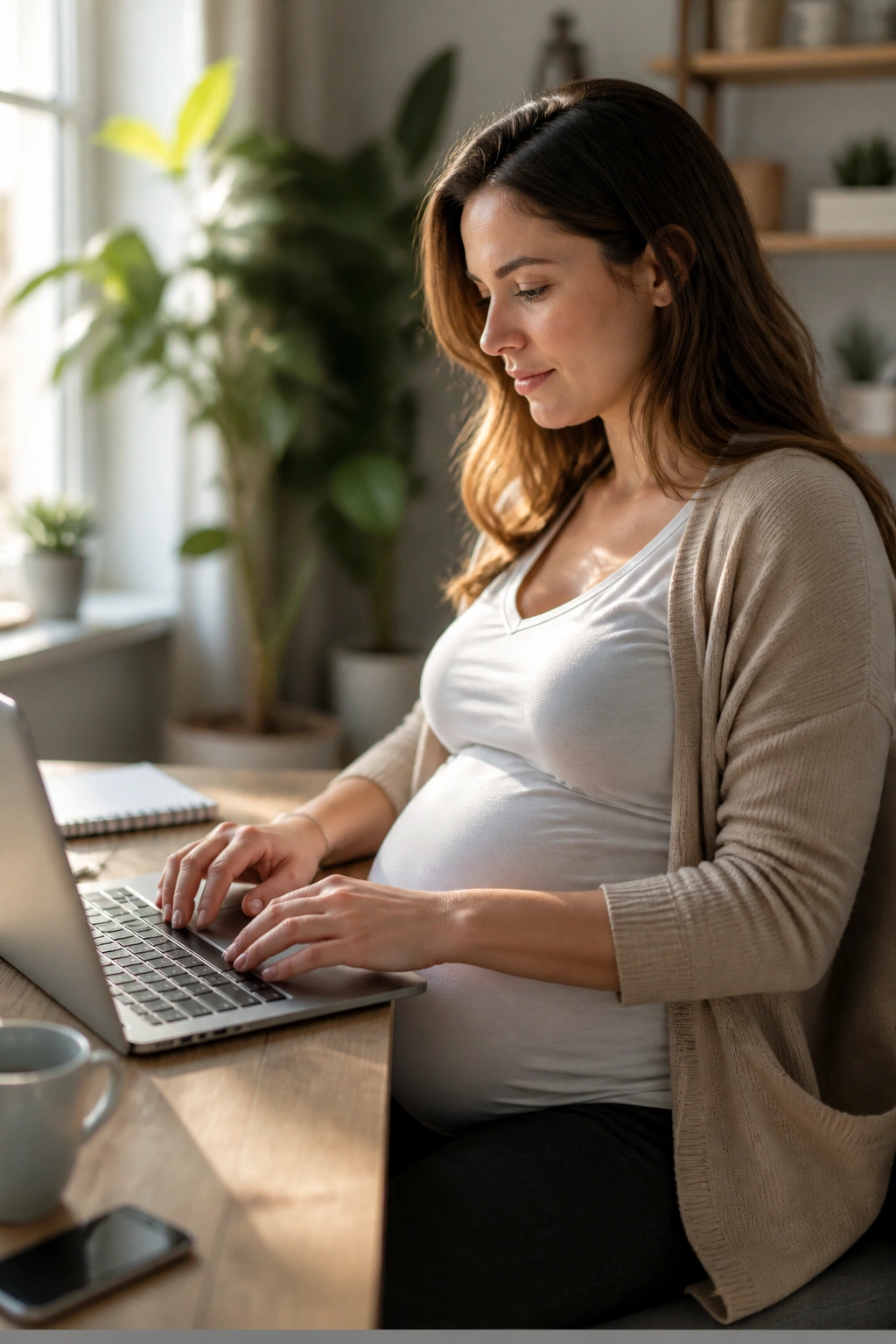 Close-up of a pregnant woman working at a sunny home desk, focused on a task