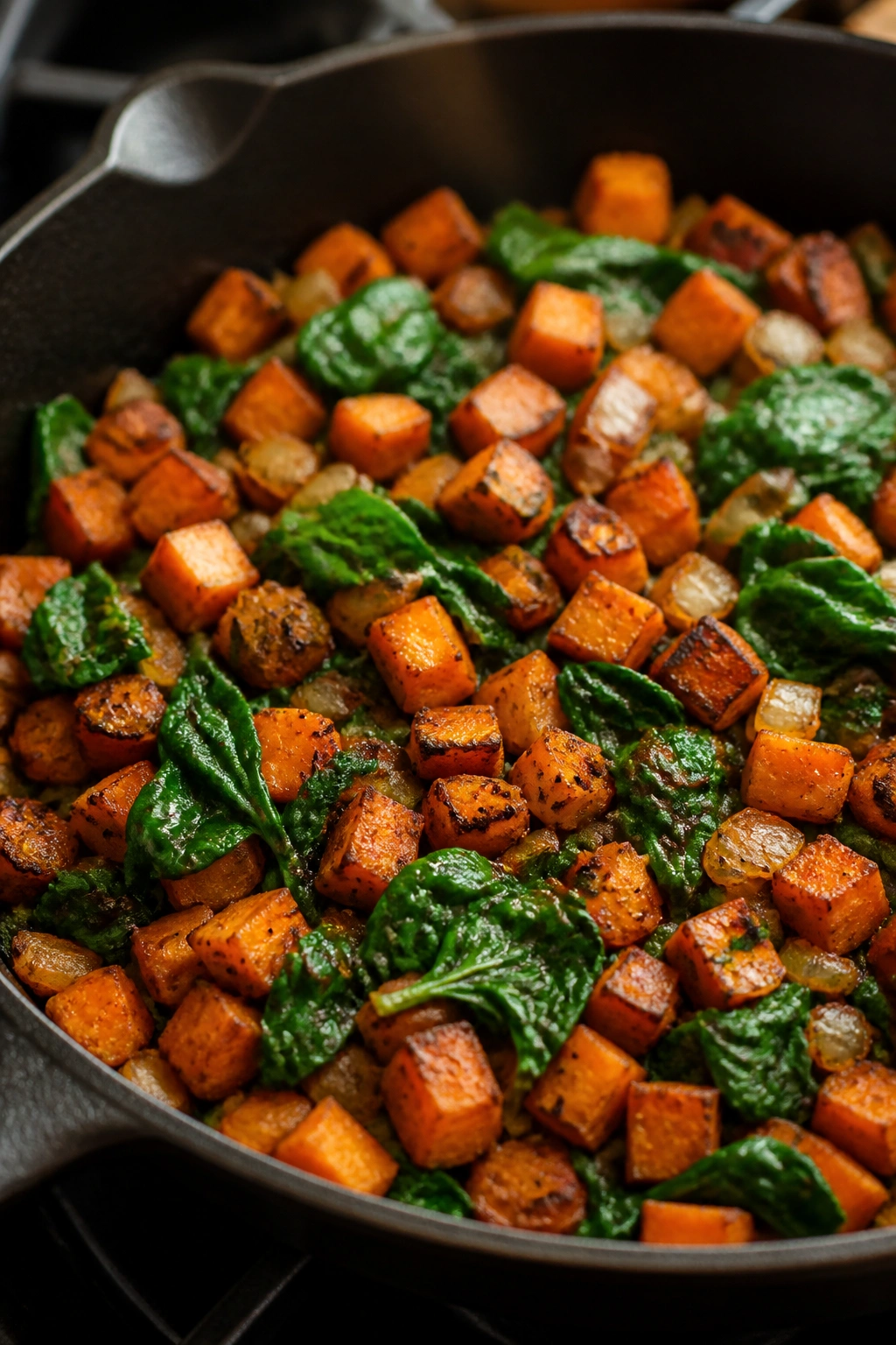 Cast-iron skillet with spinach and sweet potato hash filling the frame.