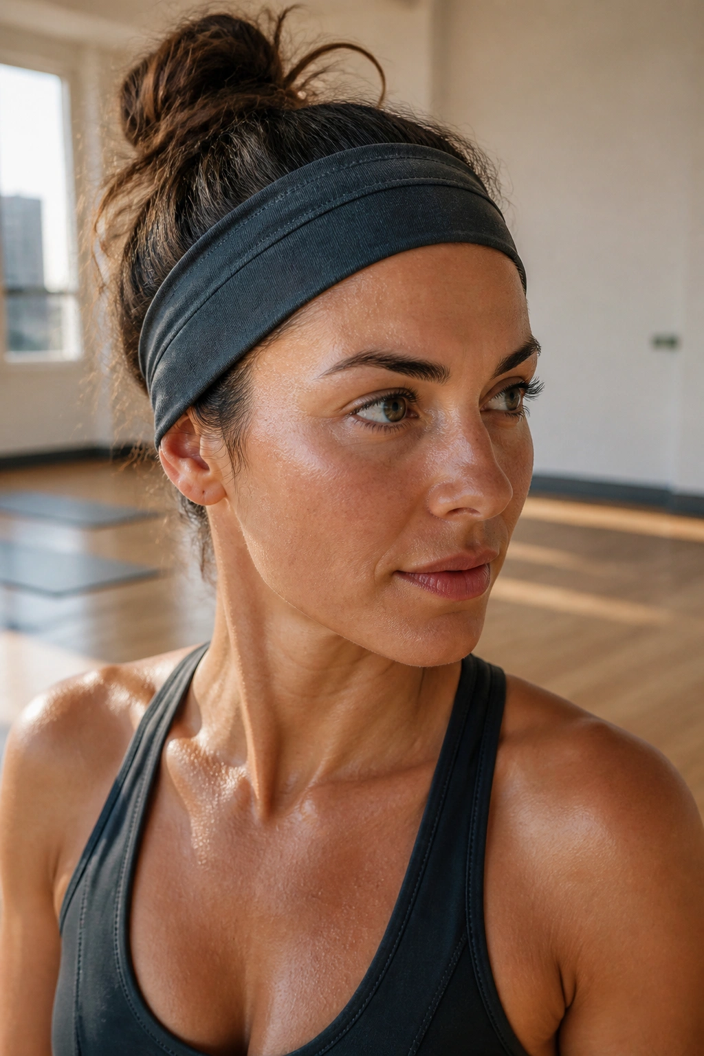 Portrait of a real person wearing a performance headband