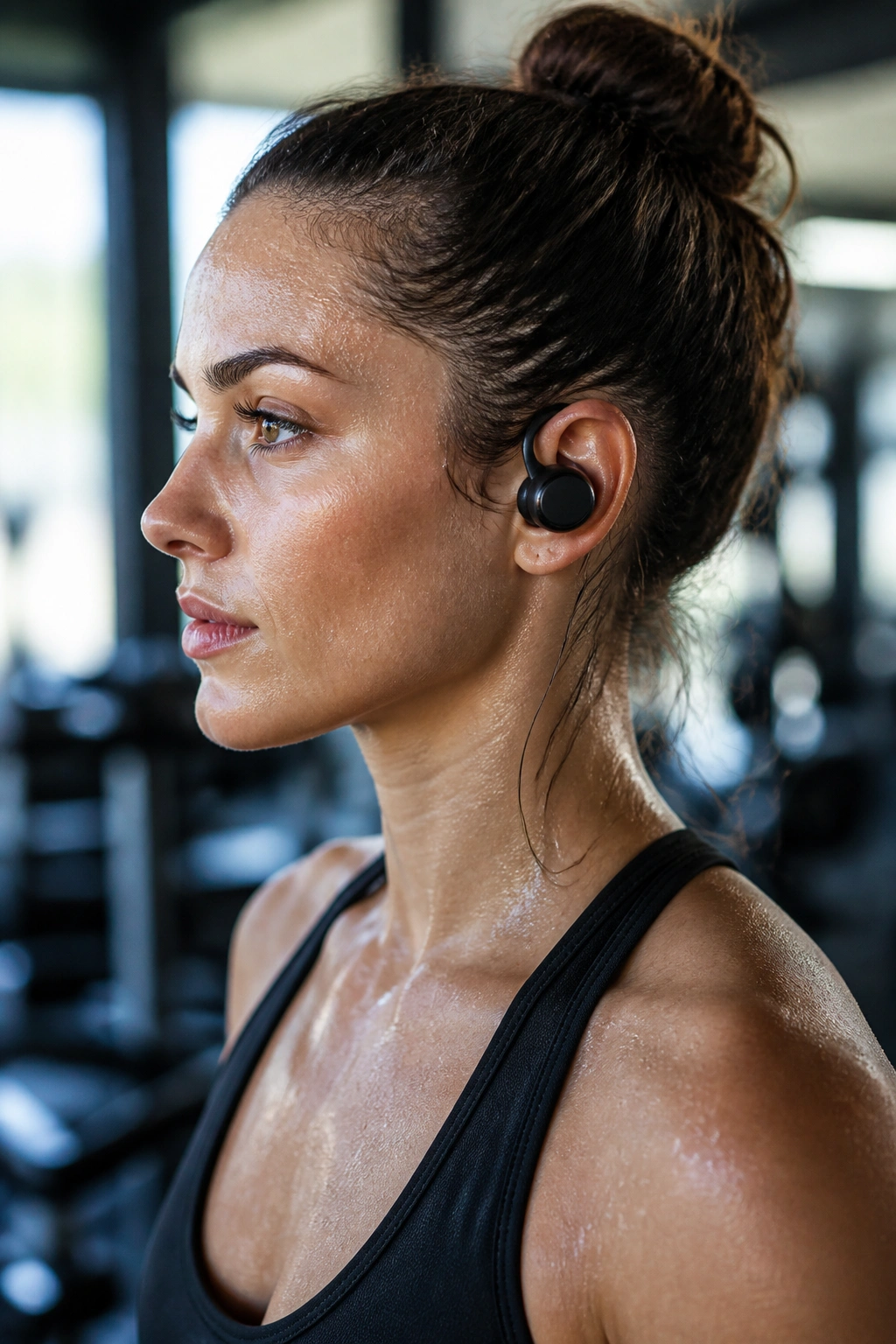 Close-up of sweat-resistant headphones on a lifter in a gym