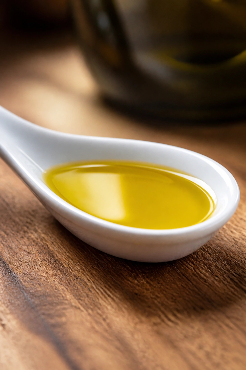 Measuring olive oil in a spoon to show portioned healthy fats.