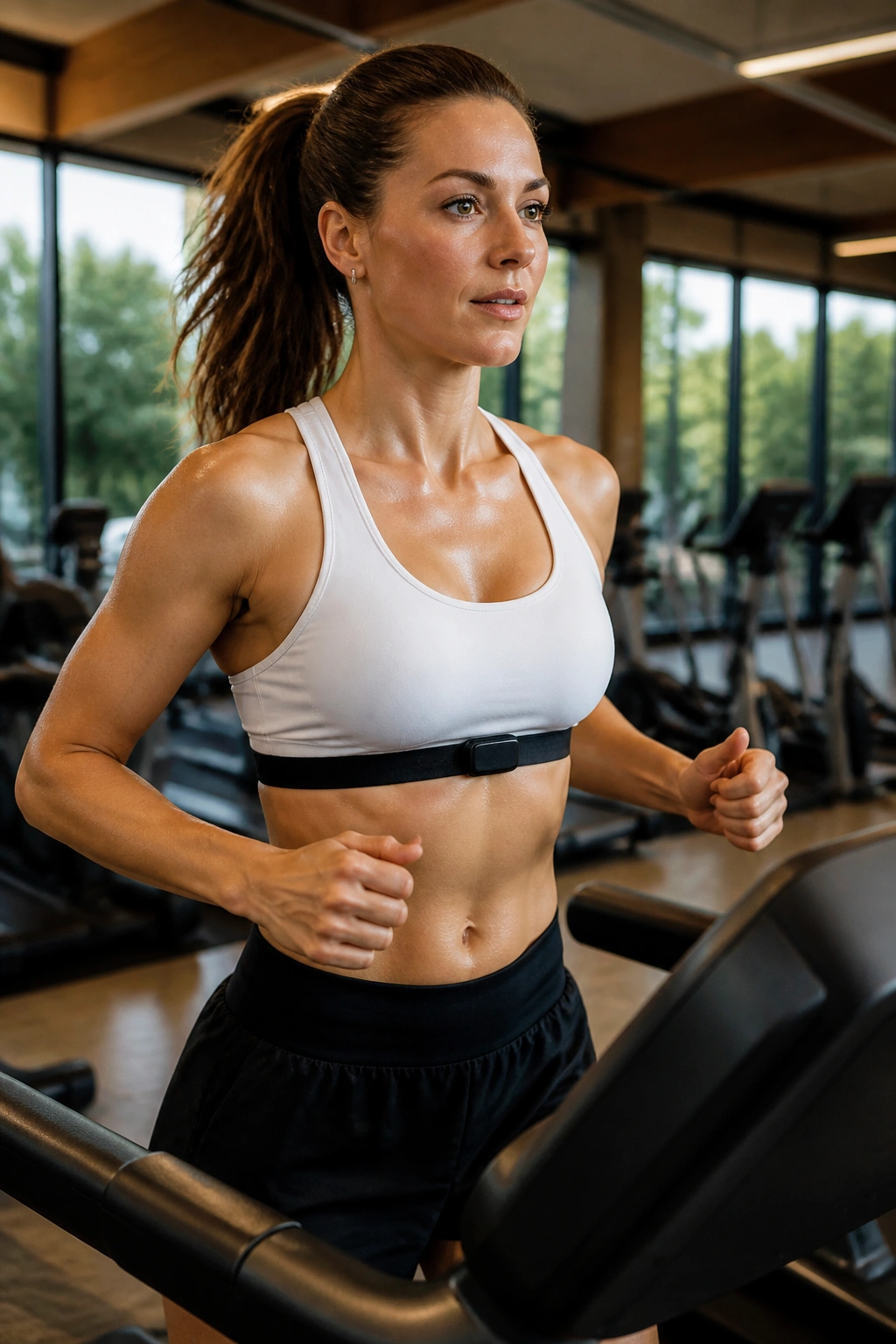 Person on treadmill wearing chest strap focused on heart rate