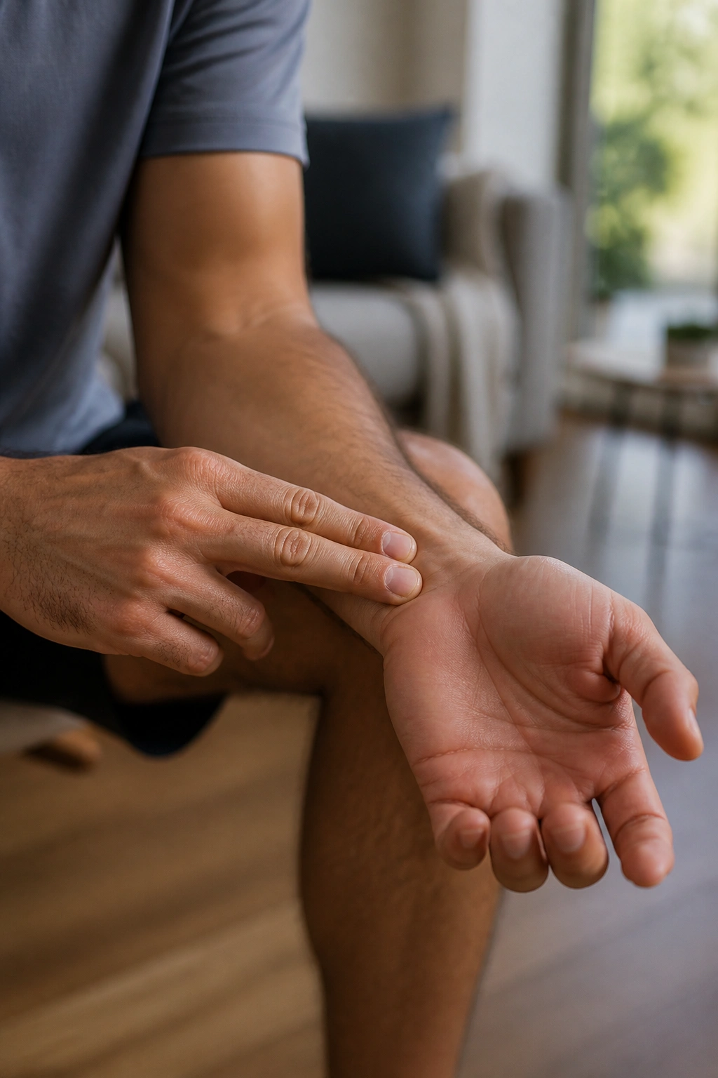 Close-up of a wrist being checked for a pulse in a cozy living room.