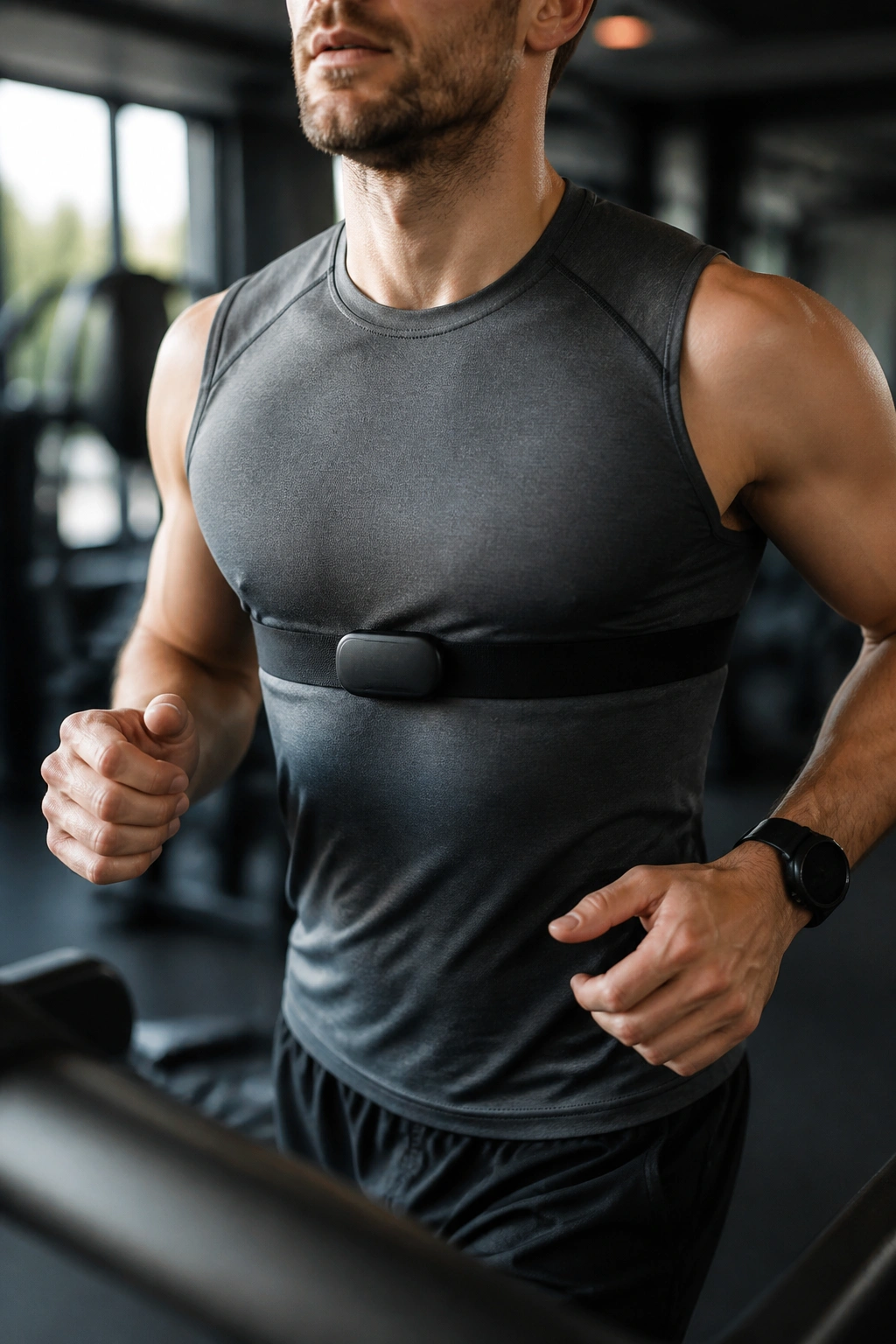 Close-up runner on treadmill wearing a chest strap in a gym