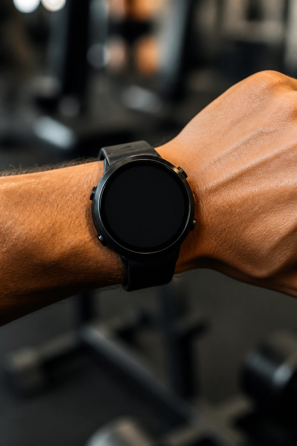 Wrist wearing a heart rate watch with a blank screen