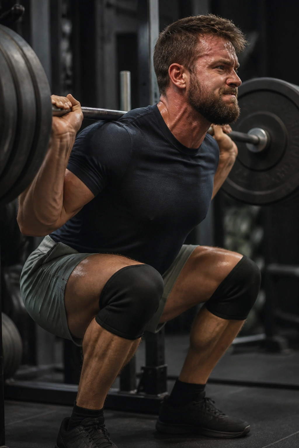 Close-up of lifter in heavy back squat with barbell, gym setting