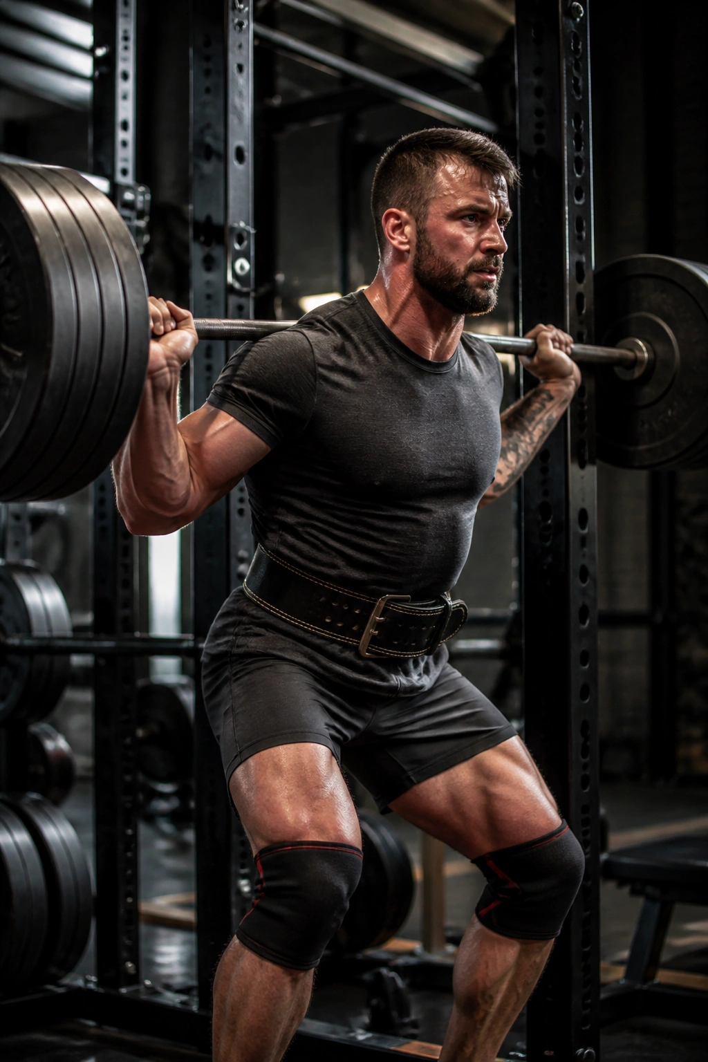 Person performing heavy back squats with a barbell in a gym, belt visible