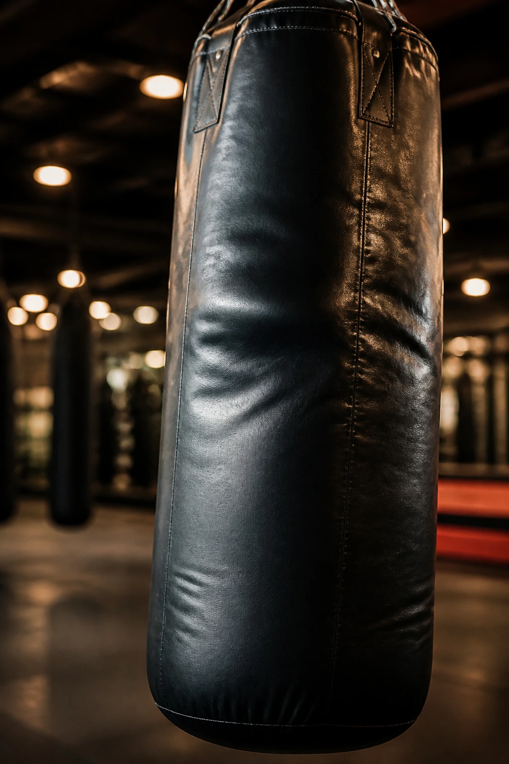 Close-up of a heavy bag taking a punch in a gym, highlighting texture and impact.