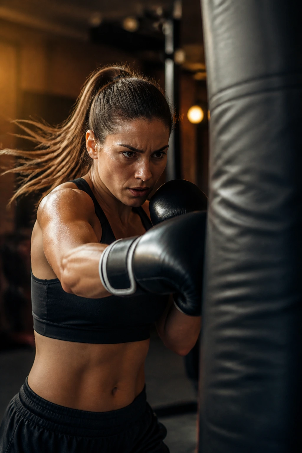 Person punching a heavy bag in a gym during a training round