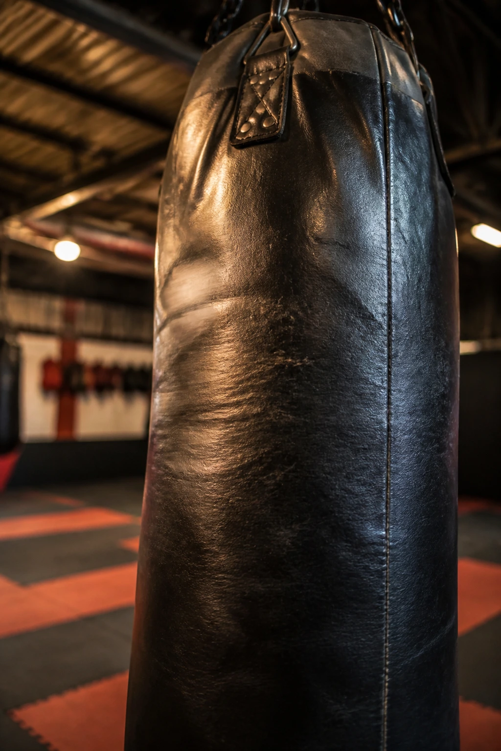 Close-up of a heavy bag dominating a boxing gym frame