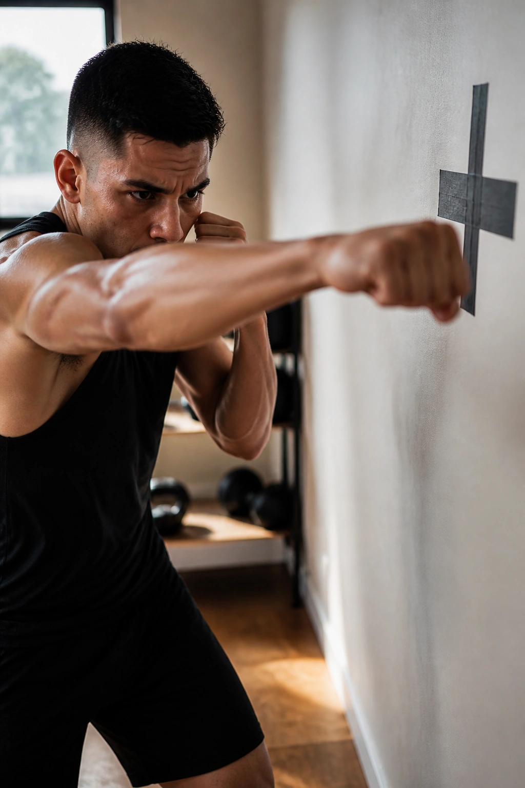 Real person performing The Heavy Bag Mimicry Drill, eyes on wall target in a home gym