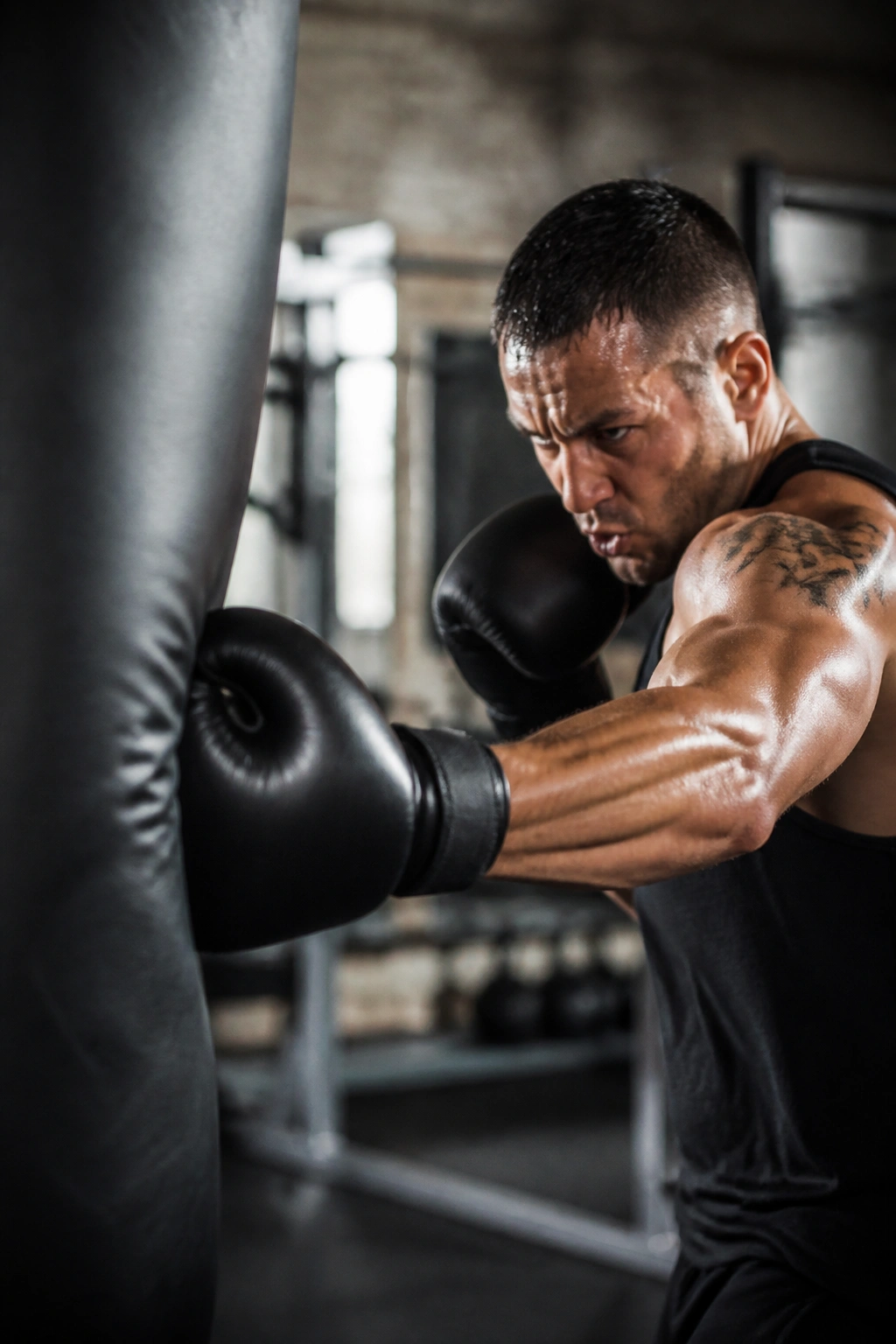Athlete punching heavy bag in power rounds during cardio session.
