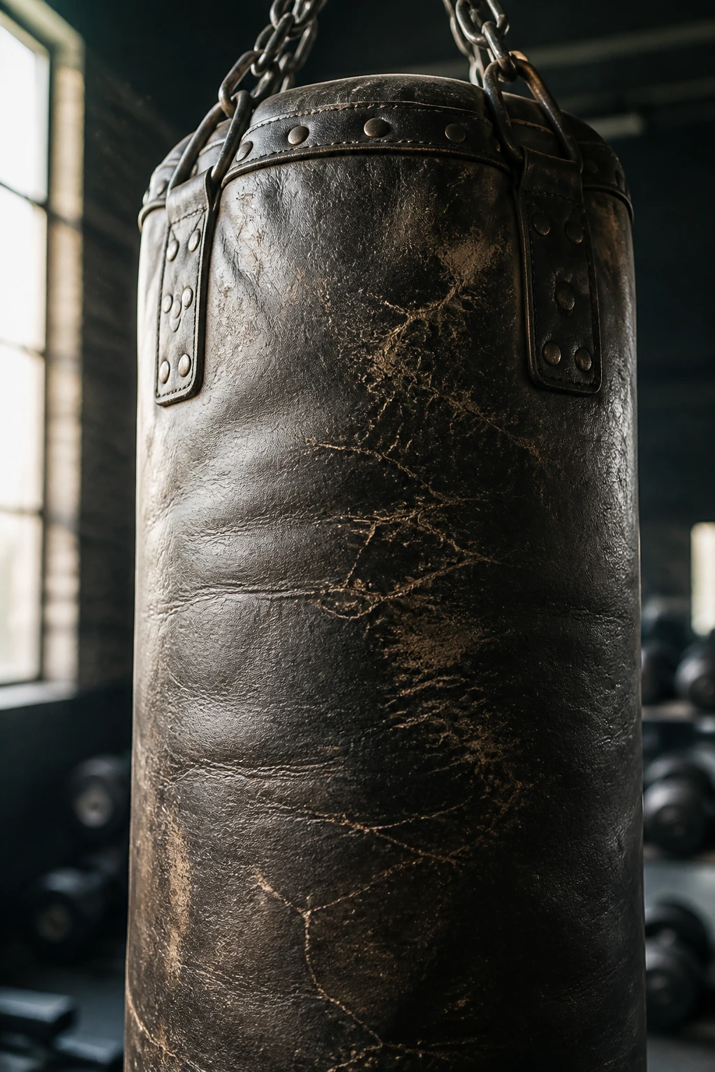 Close-up heavy bag in gym ready for three-minute rounds