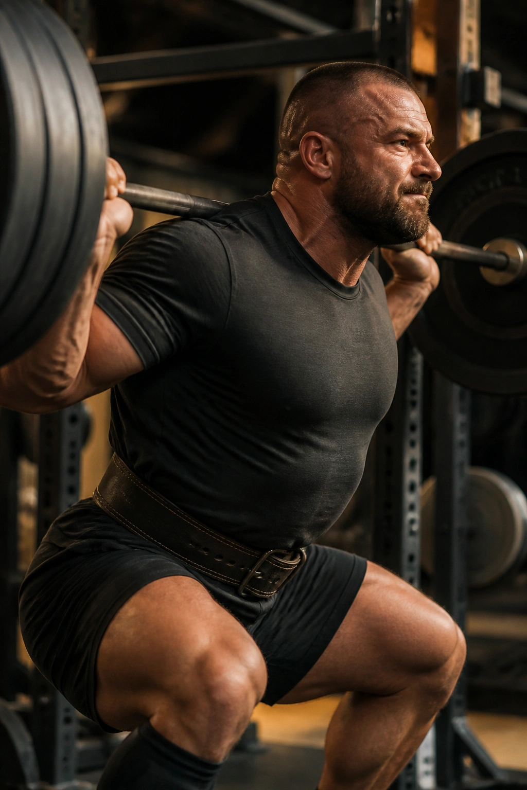 Close-up of lifter bracing core during heavy back squat in gym