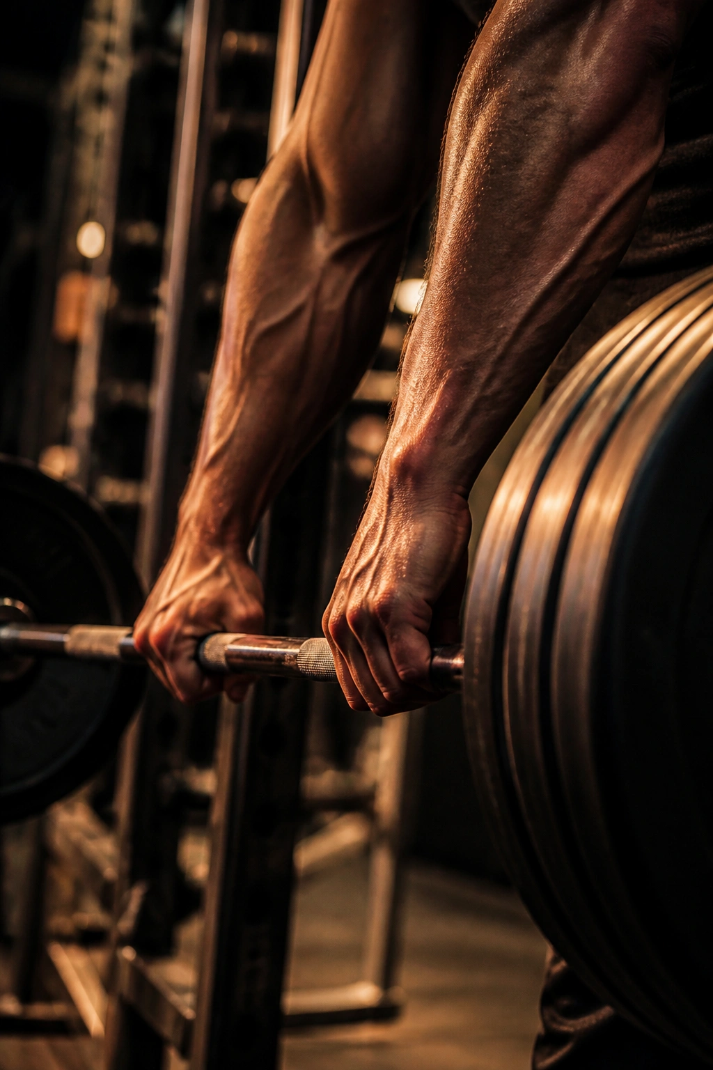 Close-up of muscular forearms gripping a heavy barbell during a hypertrophy workout