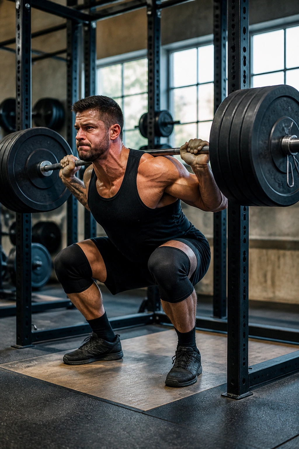 Lifter performing a heavy barbell lift in lower rep range