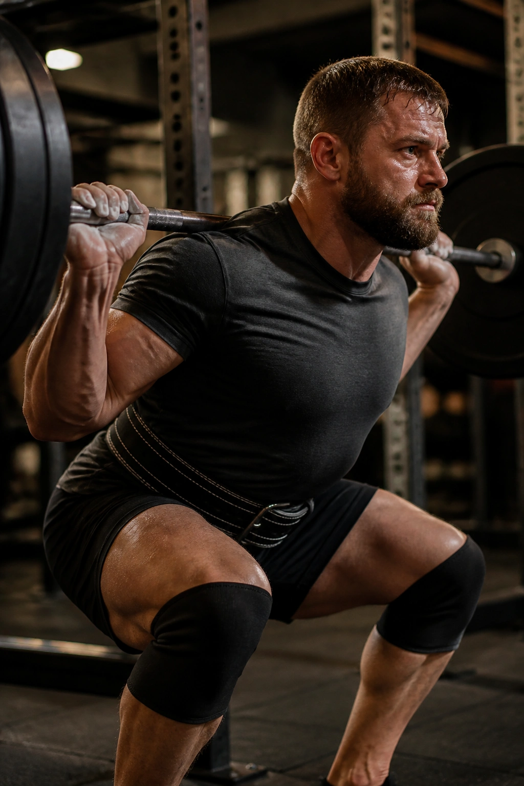 Close-up of lifter performing heavy back squat with barbell in gym