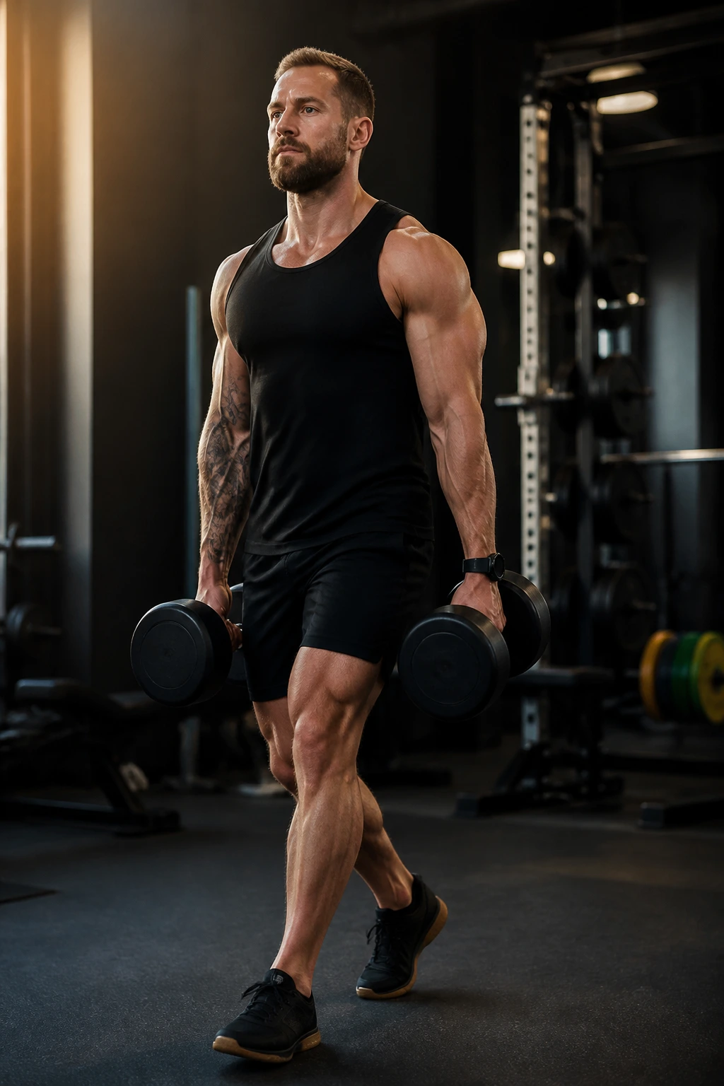 Mid-shot of a real athlete performing heavy dumbbell carries in a gym