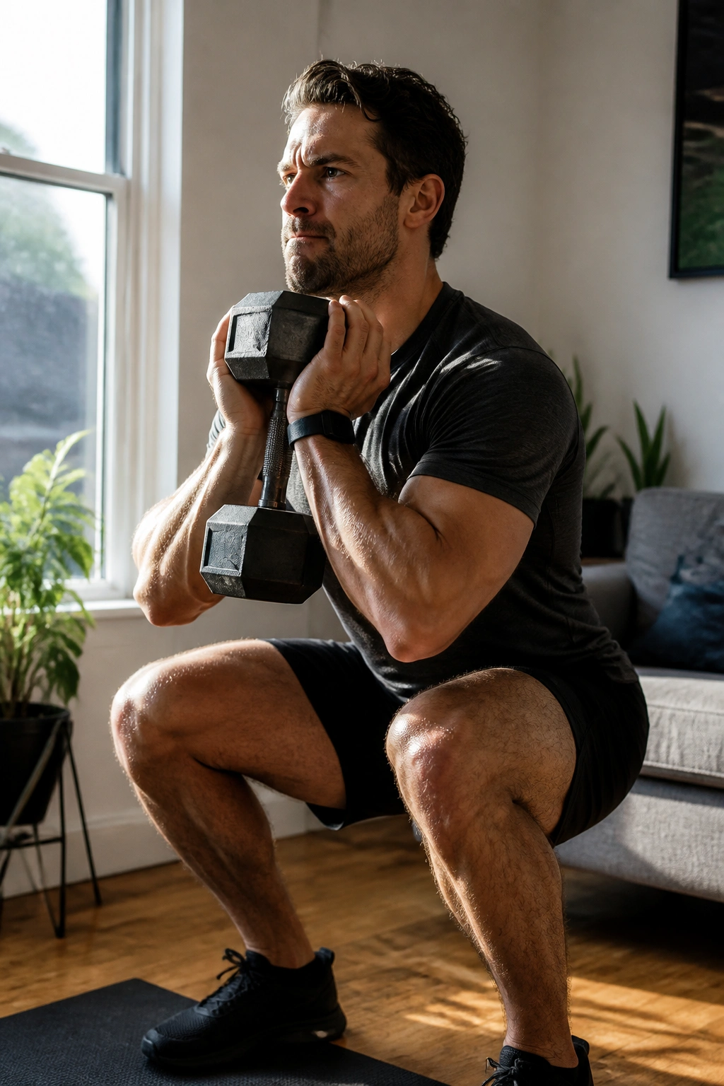 Person performing a heavy goblet squat in a home living space.