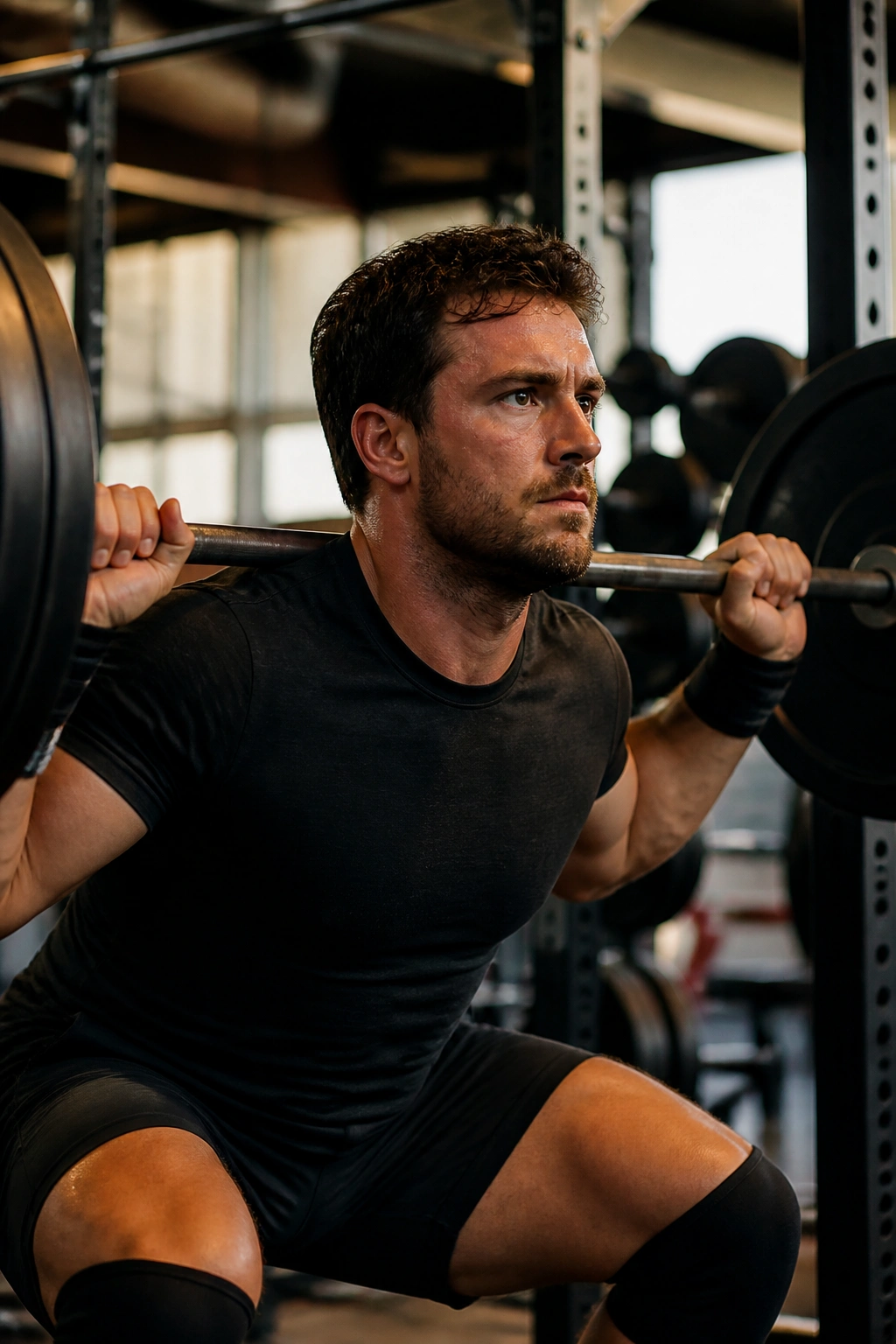 Lifter bracing before a heavy squat in a gym