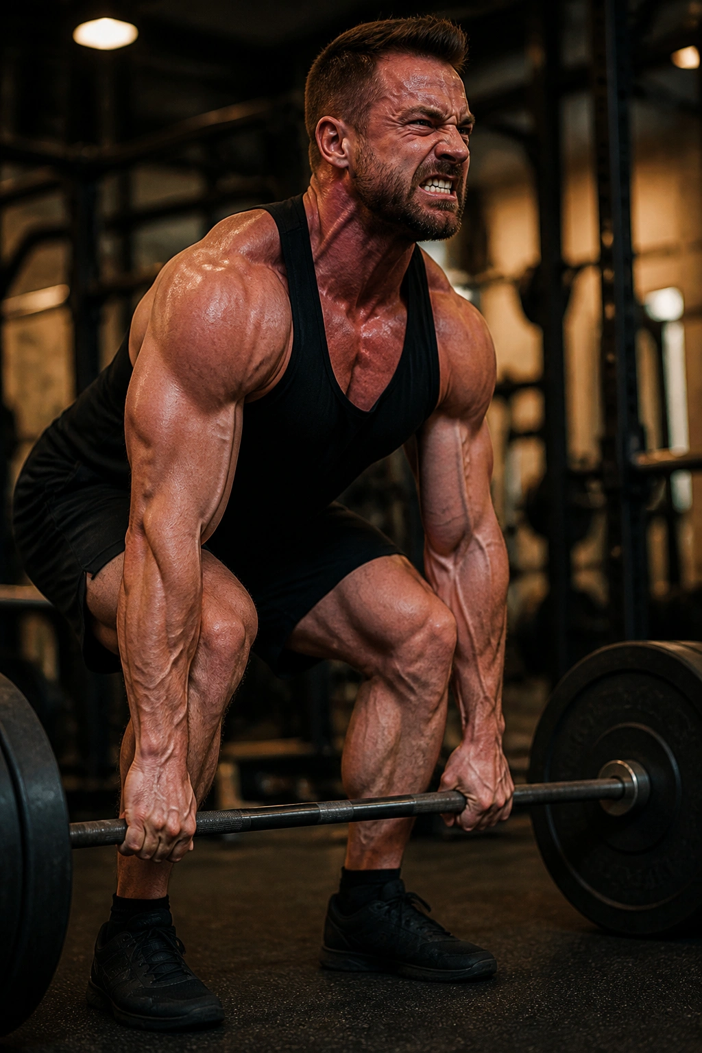 Person performing heavy barbell deadlift in gym