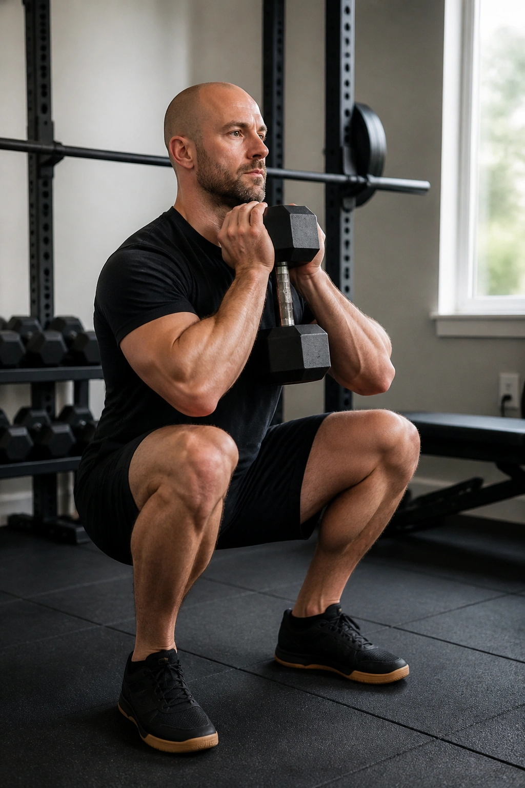 Real person doing a heavy goblet squat in a home gym