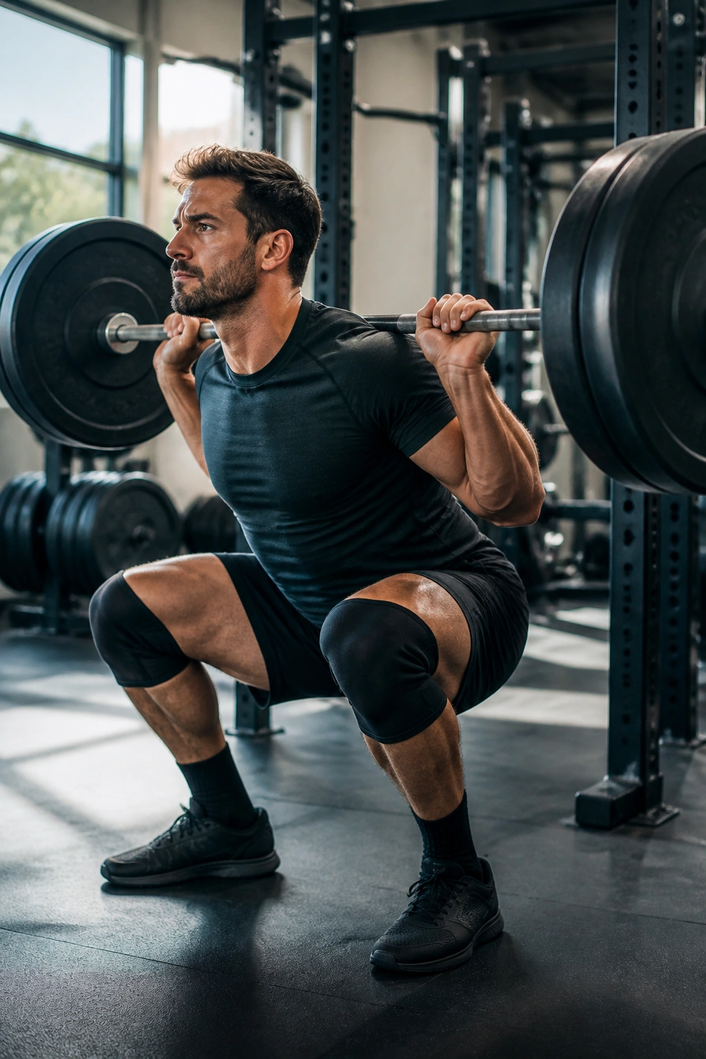 Lifters performing heavy squat in gym with emphasis on strength block