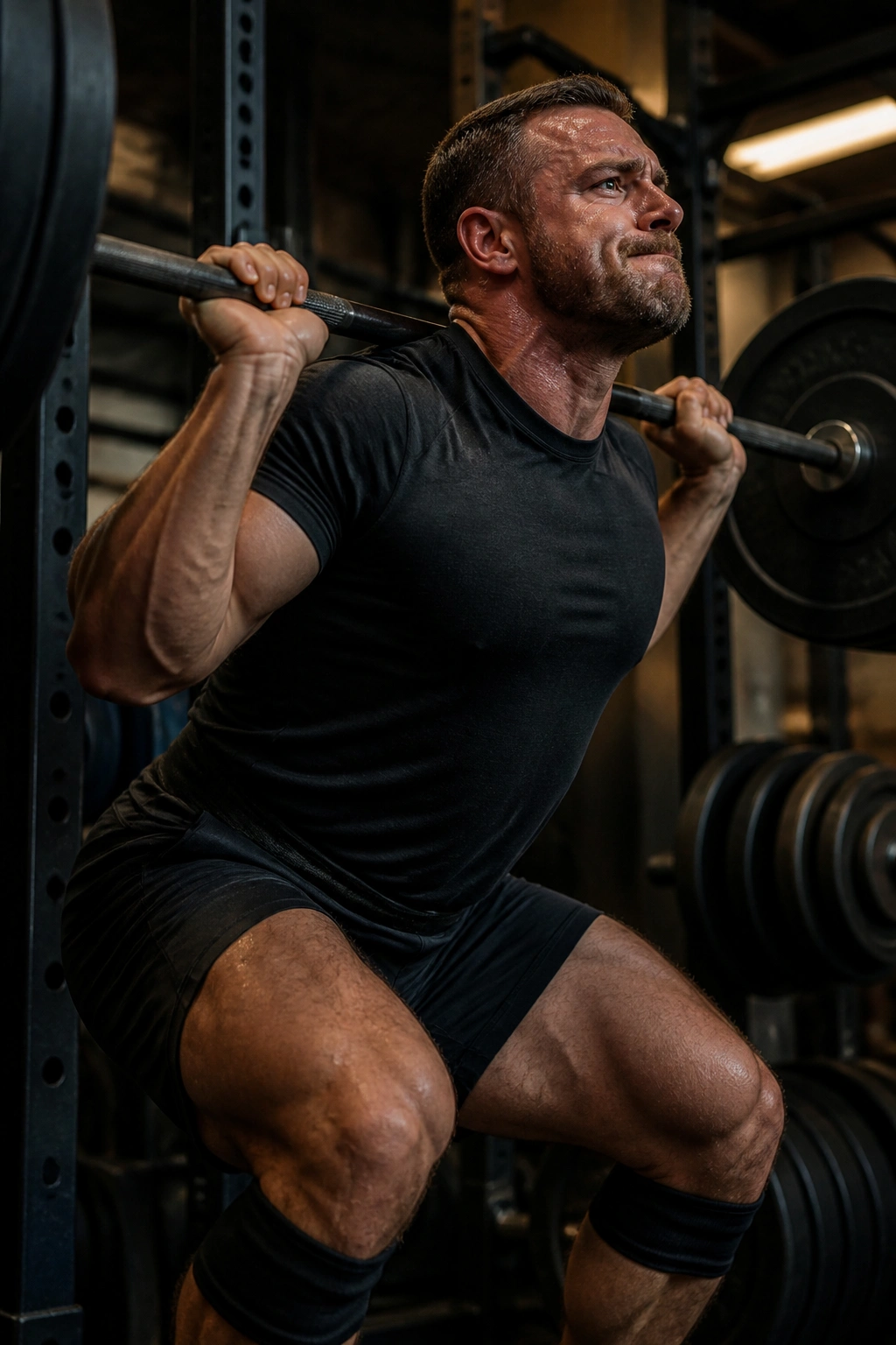 Close-up of lifter bracing for a heavy squat during a hybrid training day in the gym