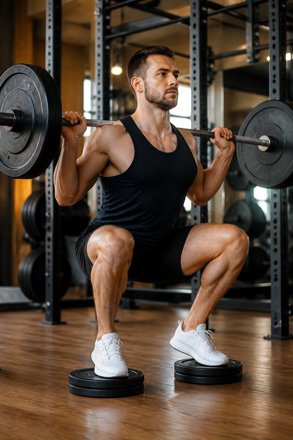 Athlete performing heel-elevated squat with plates under heels