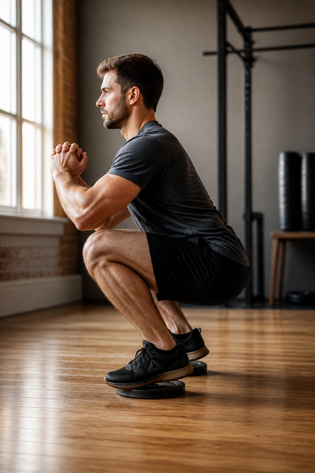 Mid-shot of athlete performing heel-elevated squat with plates under heels