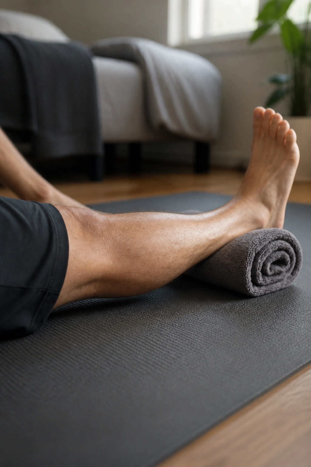 Heel placed on towel during heel prop exercise