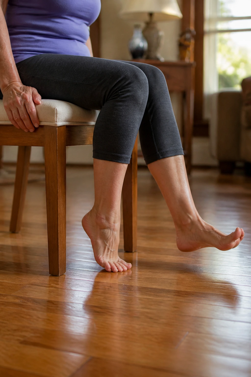 Close-up of feet and calves performing heel raises while seated