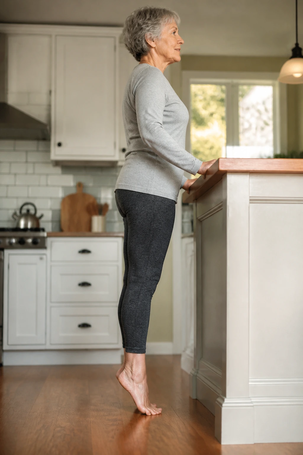 Feet and lower legs performing heel raises and toe raises at home
