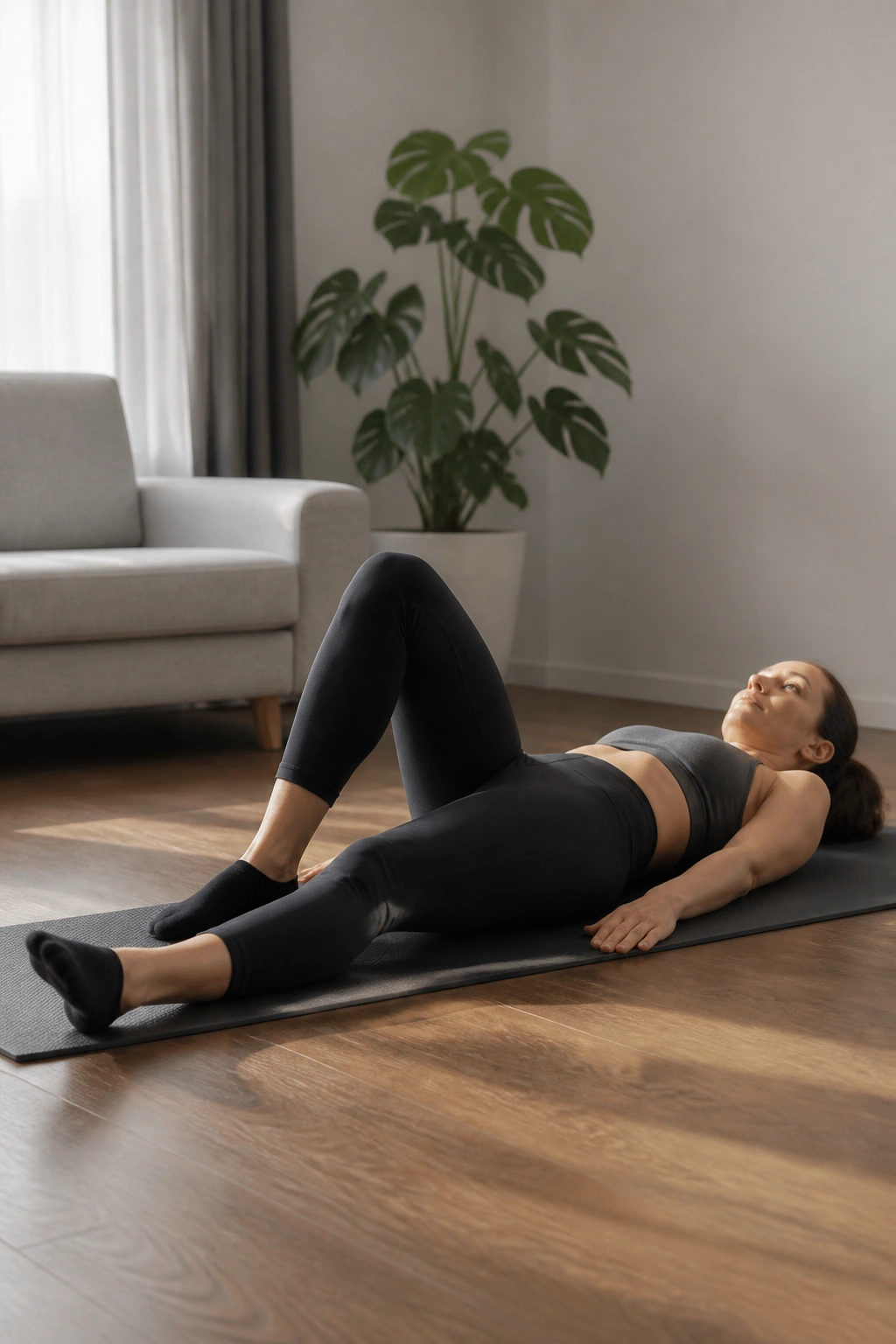 Back-lying person performing a heel slide with quiet abdomen