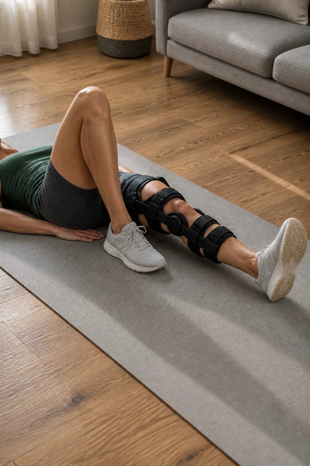 Person on back performing heel slides with abdominal brace