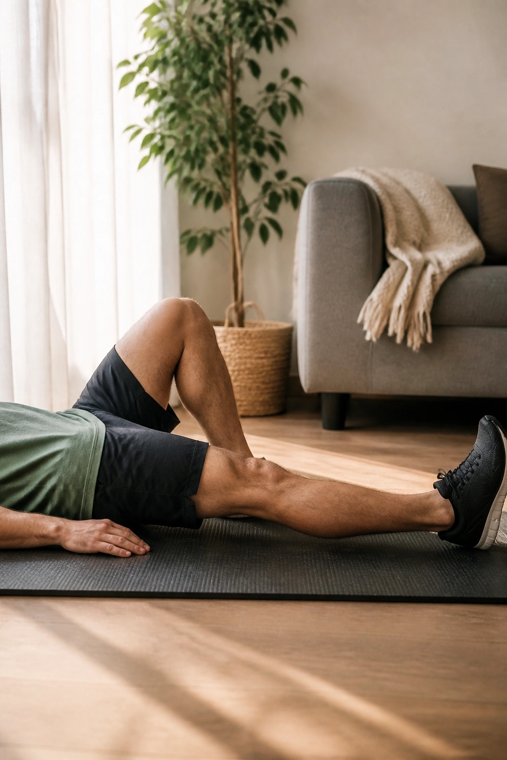 Side view of heel slide exercise showing leg moving while back stays stable
