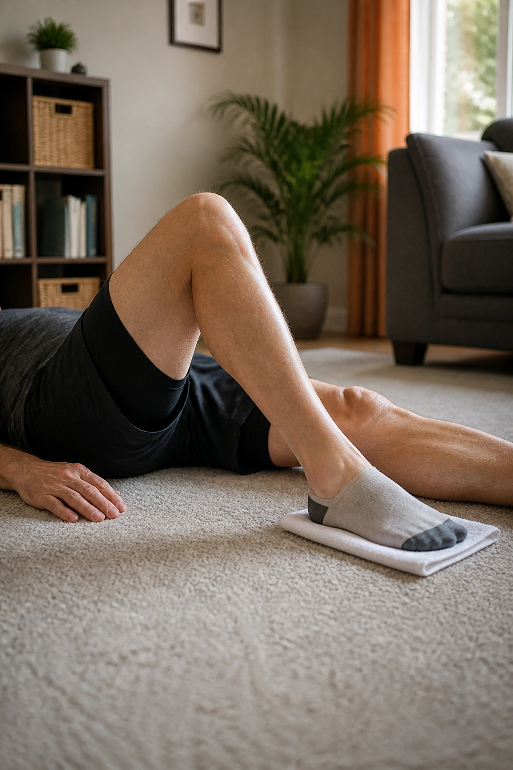 Medium close-up of a person performing heel slides to gentle knee movement