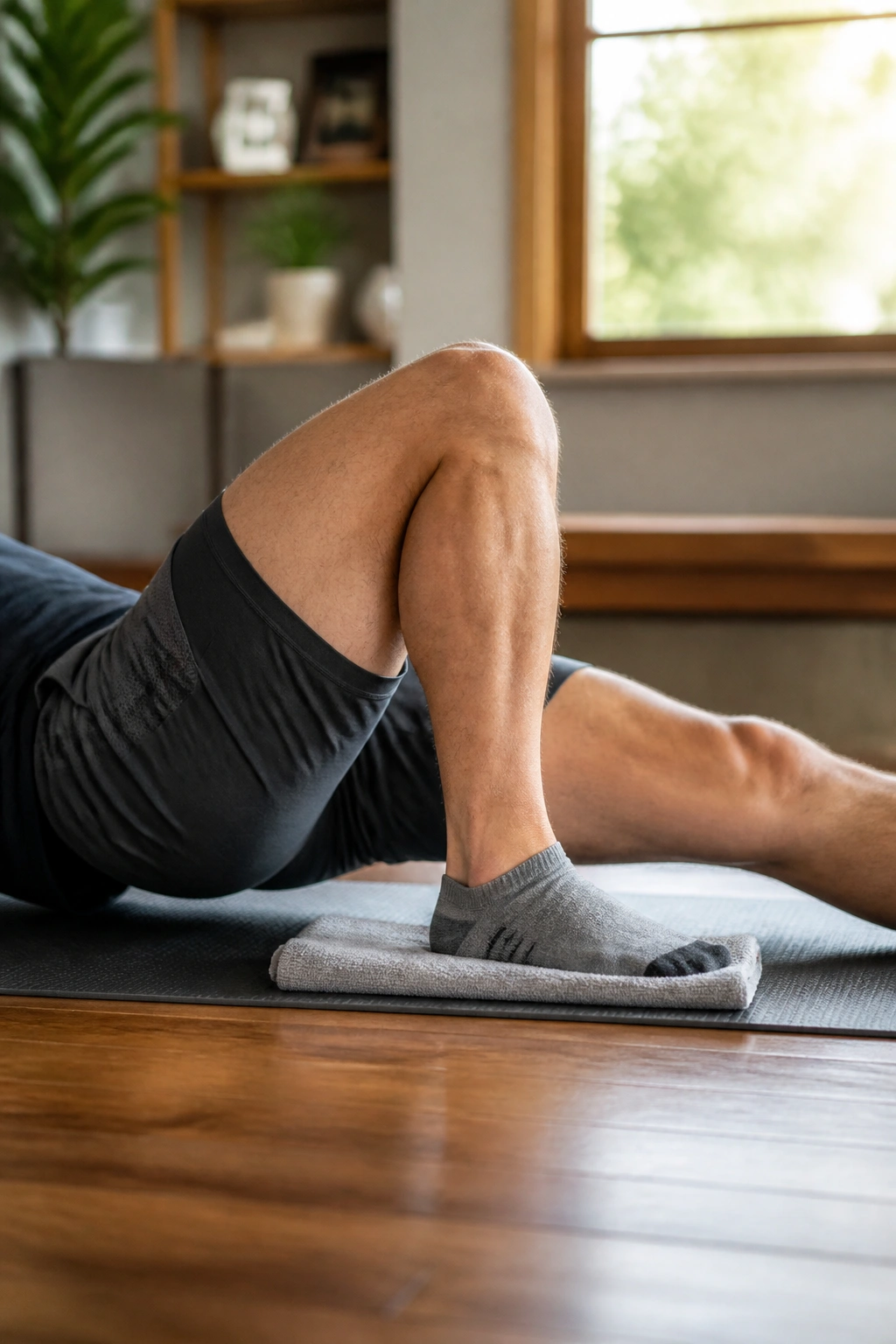 Heel slide motion with heel gliding toward the butt during knee-friendly exercise
