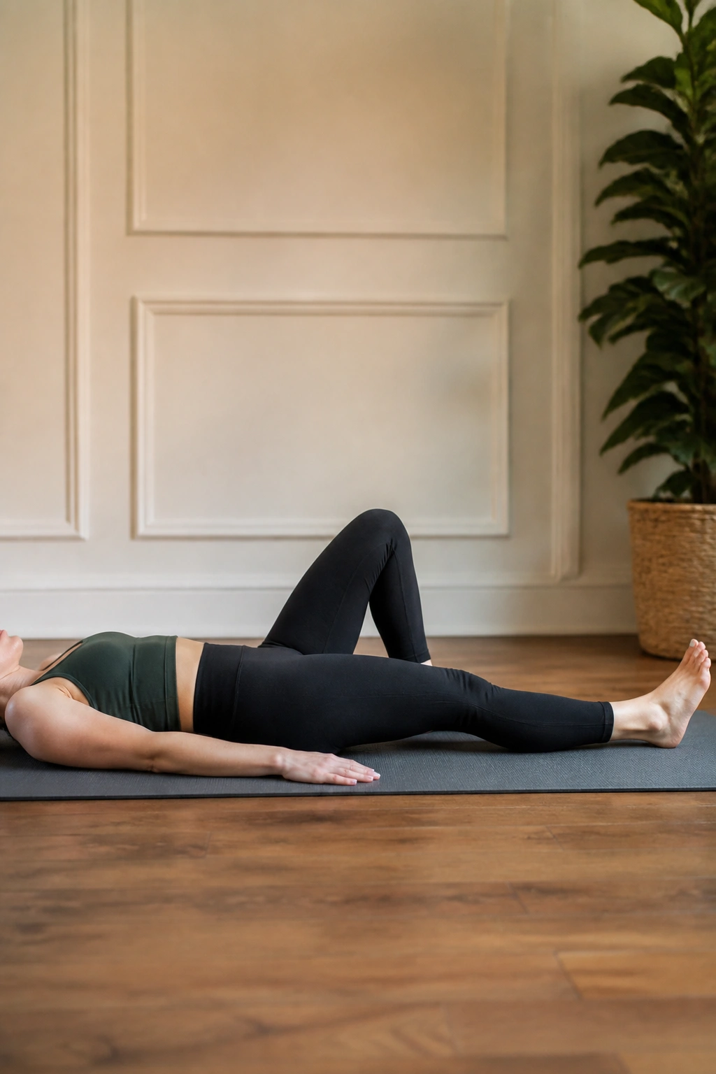 Close-up of heel slide exercise showing pelvis stability on a back-lying person